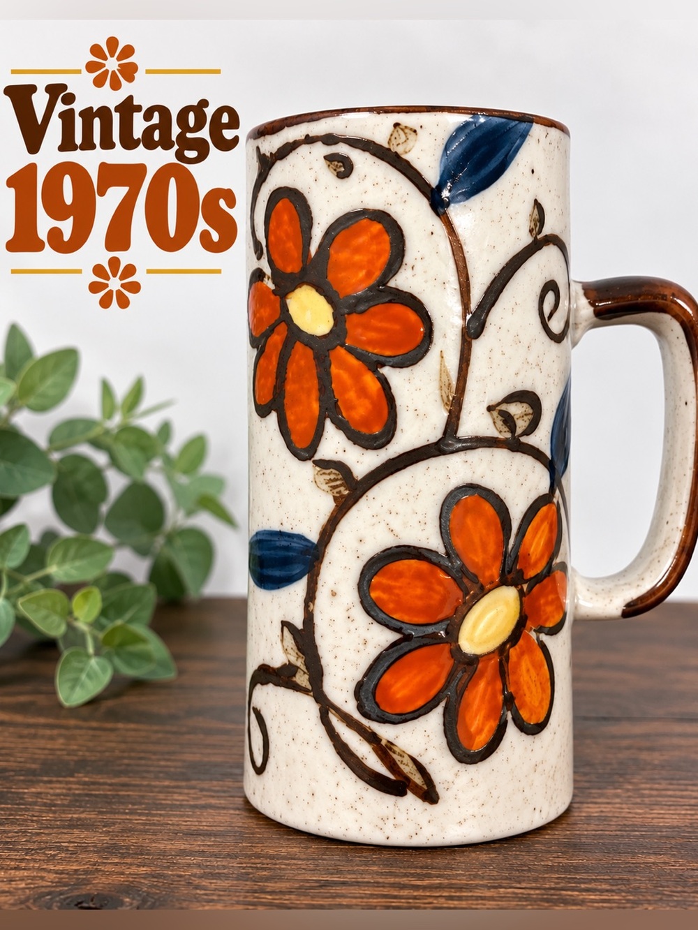 Vintage 1970s Tall Stoneware Mug Retro Floral MCM